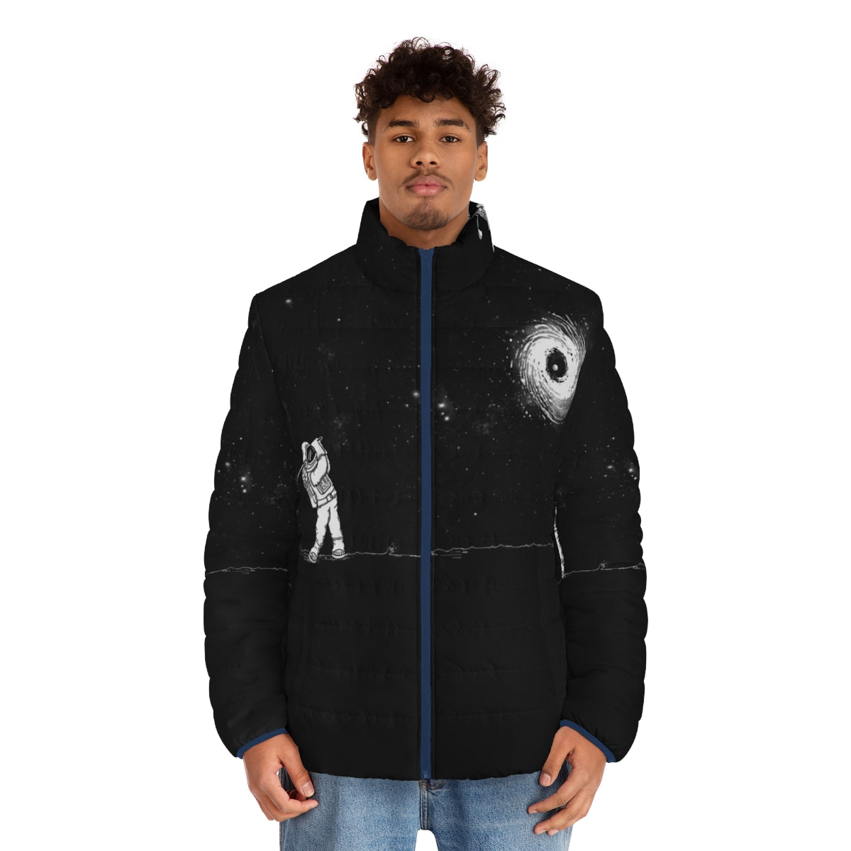 Astronaut wearing the Black Hole in One Puffer Jacket in outer space - men front