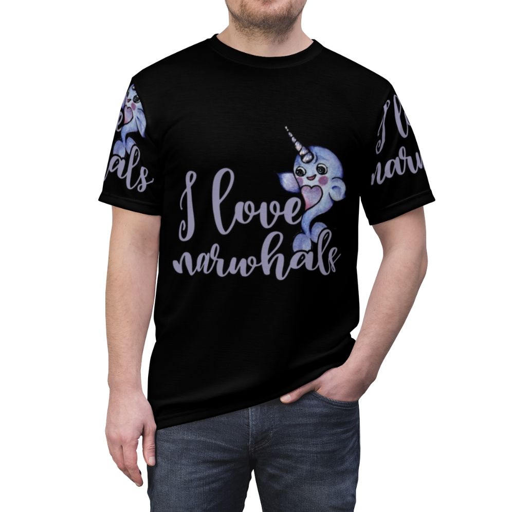 A vibrant t-shirt featuring a whimsical narwhal design in shades of purple and pink. - men front