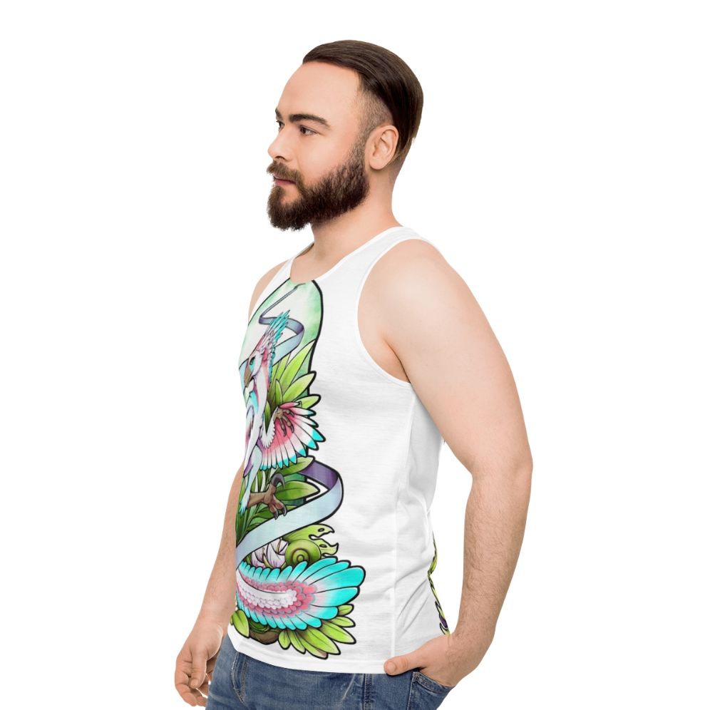 Dinosaur raptor unisex tank top with nature forest jungle design - men side