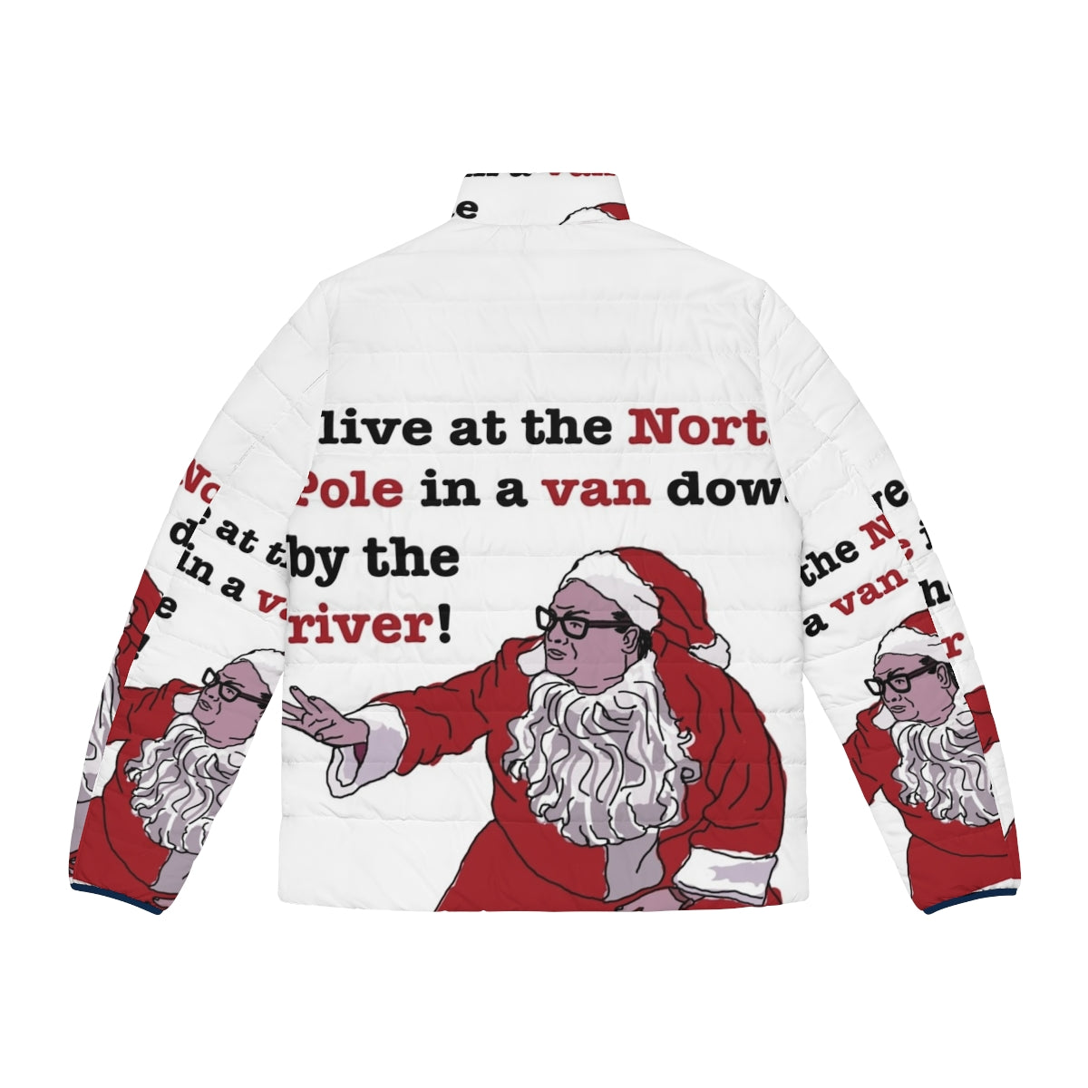 Matt Foley wearing a puffer jacket standing in front of a Christmas scene - Back