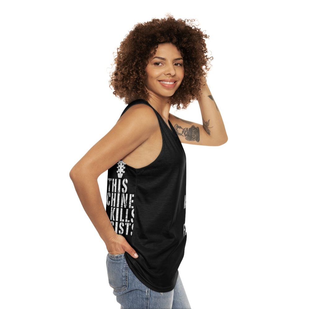 Woody Guthrie "This Machine Kills Fascists" Unisex Tank Top - women side