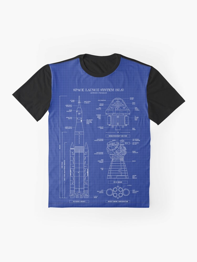 NASA Artemis SLS Rocket Graphic T-Shirt featuring a blueprint-style vertical design of the Space Launch System rocket. - Flat lay