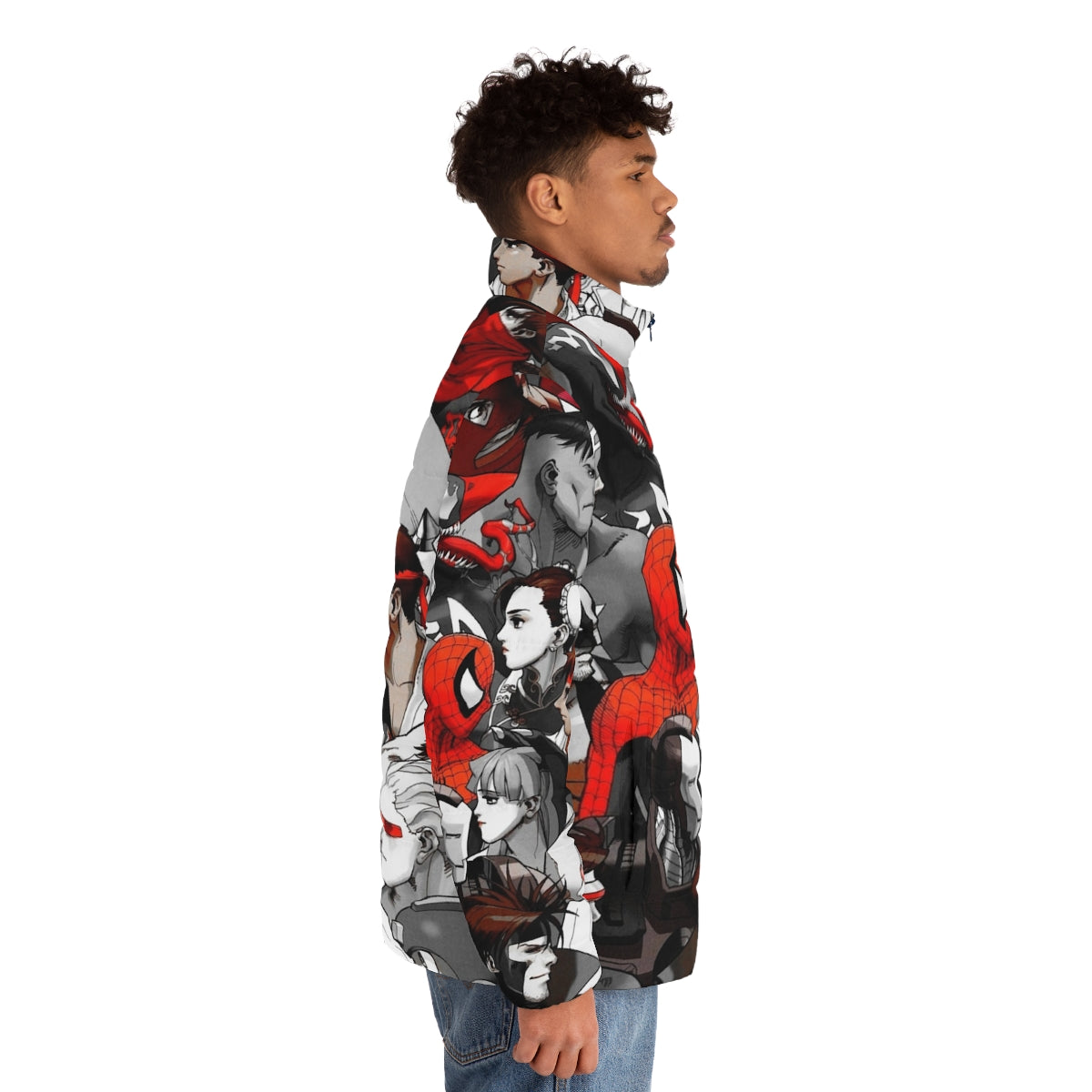 Marvel vs Capcom red puffer jacket featuring characters from popular video game and comic franchises - men side right