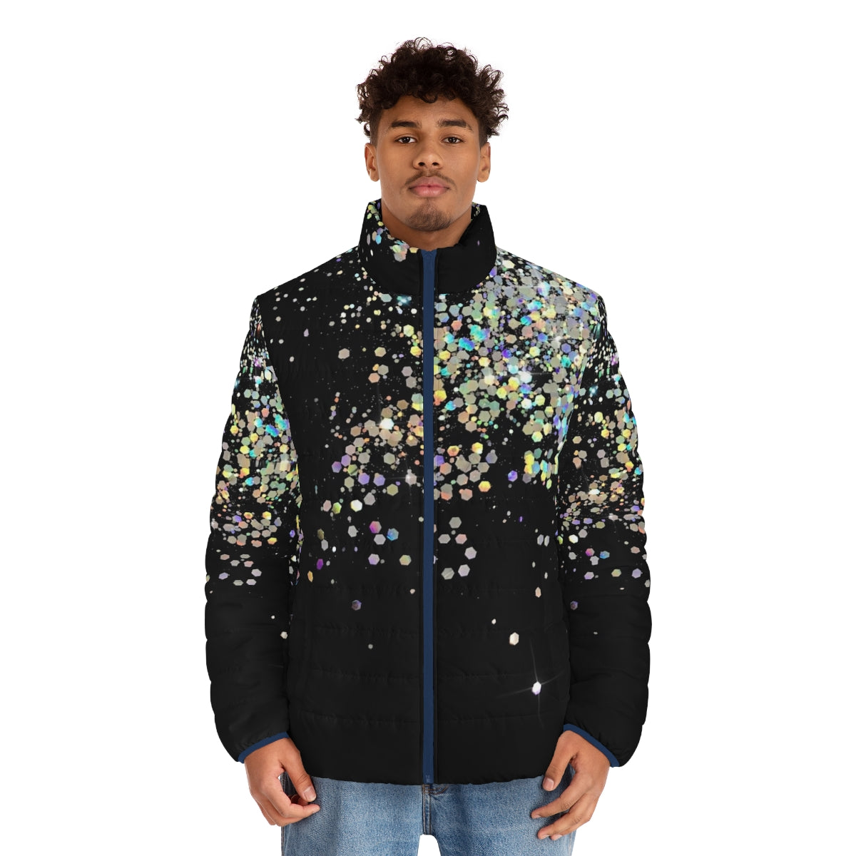 Black puffer jacket with holographic sparkle and shimmer - men front