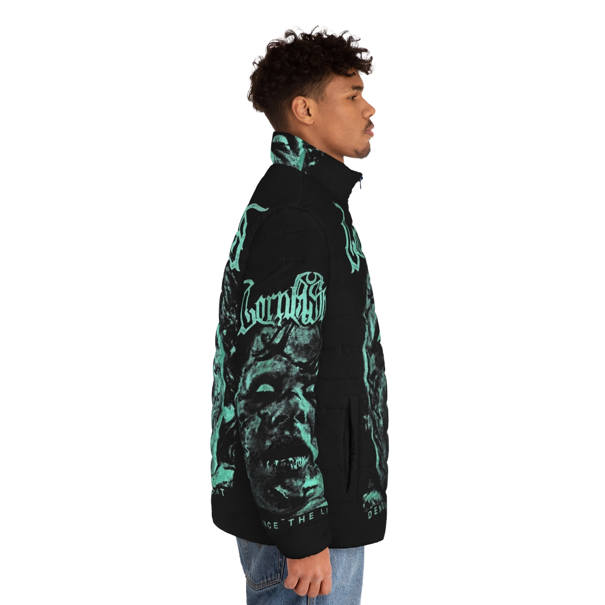 Lorna Shore "Looking At The Sky" Puffer Jacket featuring the band's logo and artwork - men side right