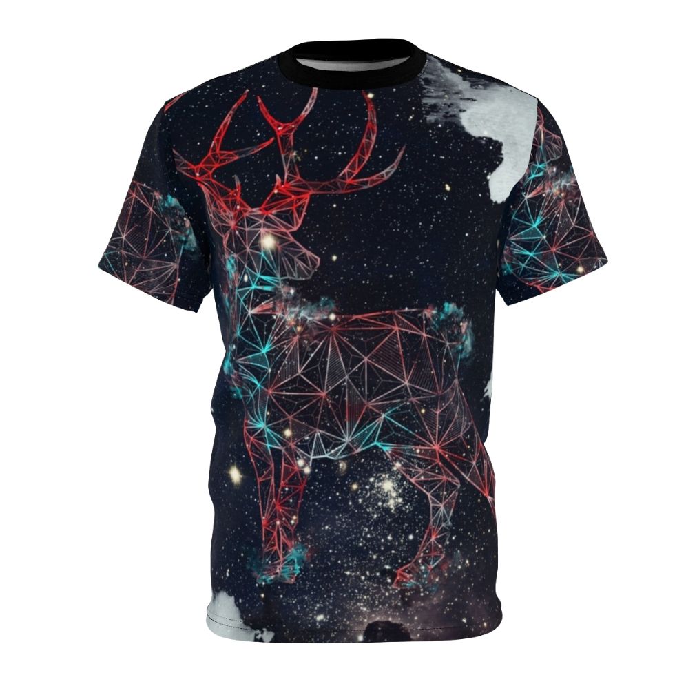 Celestial deer graphic design on a t-shirt, featuring a deer silhouette in a galaxy background with stars and geometric patterns.