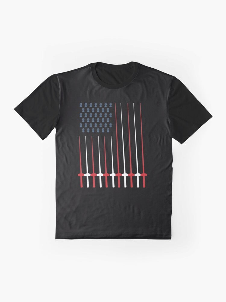 Patriotic fencing USA flag graphic t-shirt design with sword and fencing elements - Flat lay