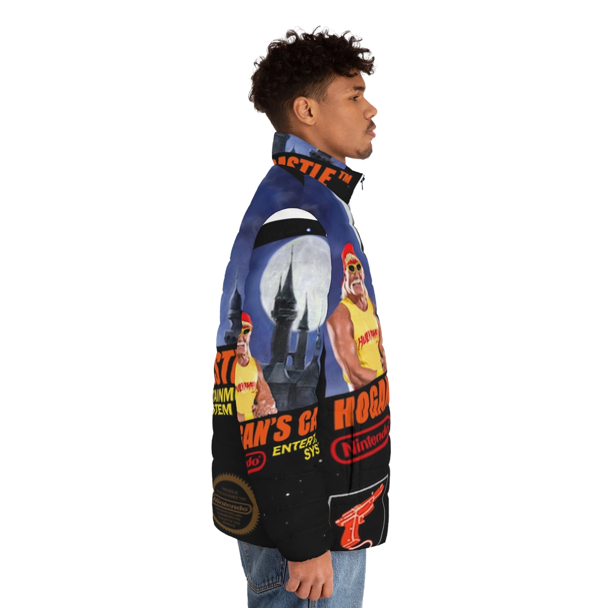 Hogans Castle Puffer Jacket featuring videogame dunkey and beeg beeg yoshi - men side right