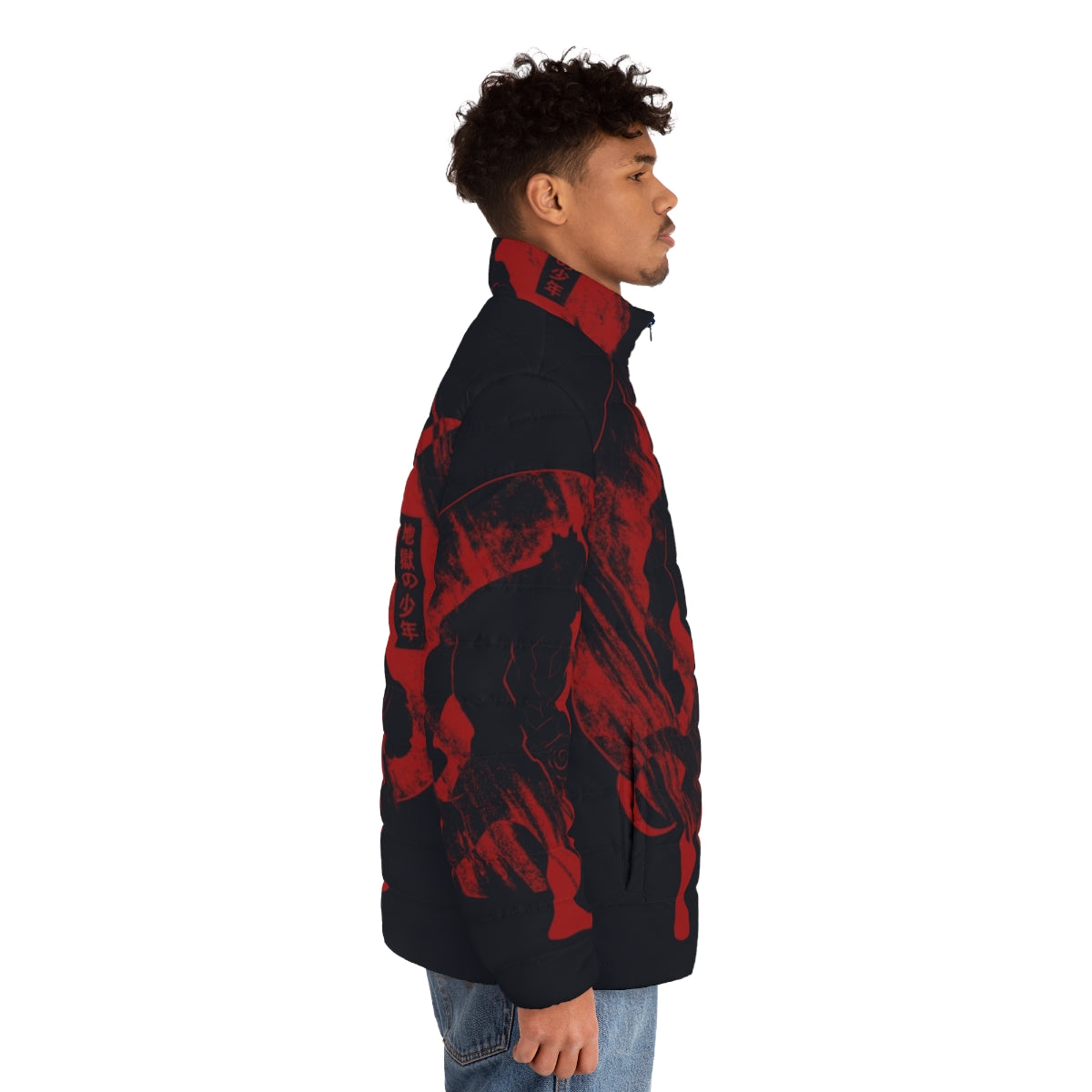 Hellboy inspired puffer jacket with a bold red and black design - men side right