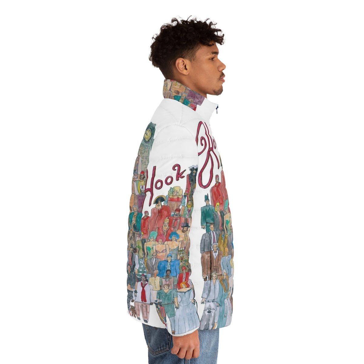 Hook Team Illustration Puffer Jacket featuring characters from the Peter Pan movie - men side right