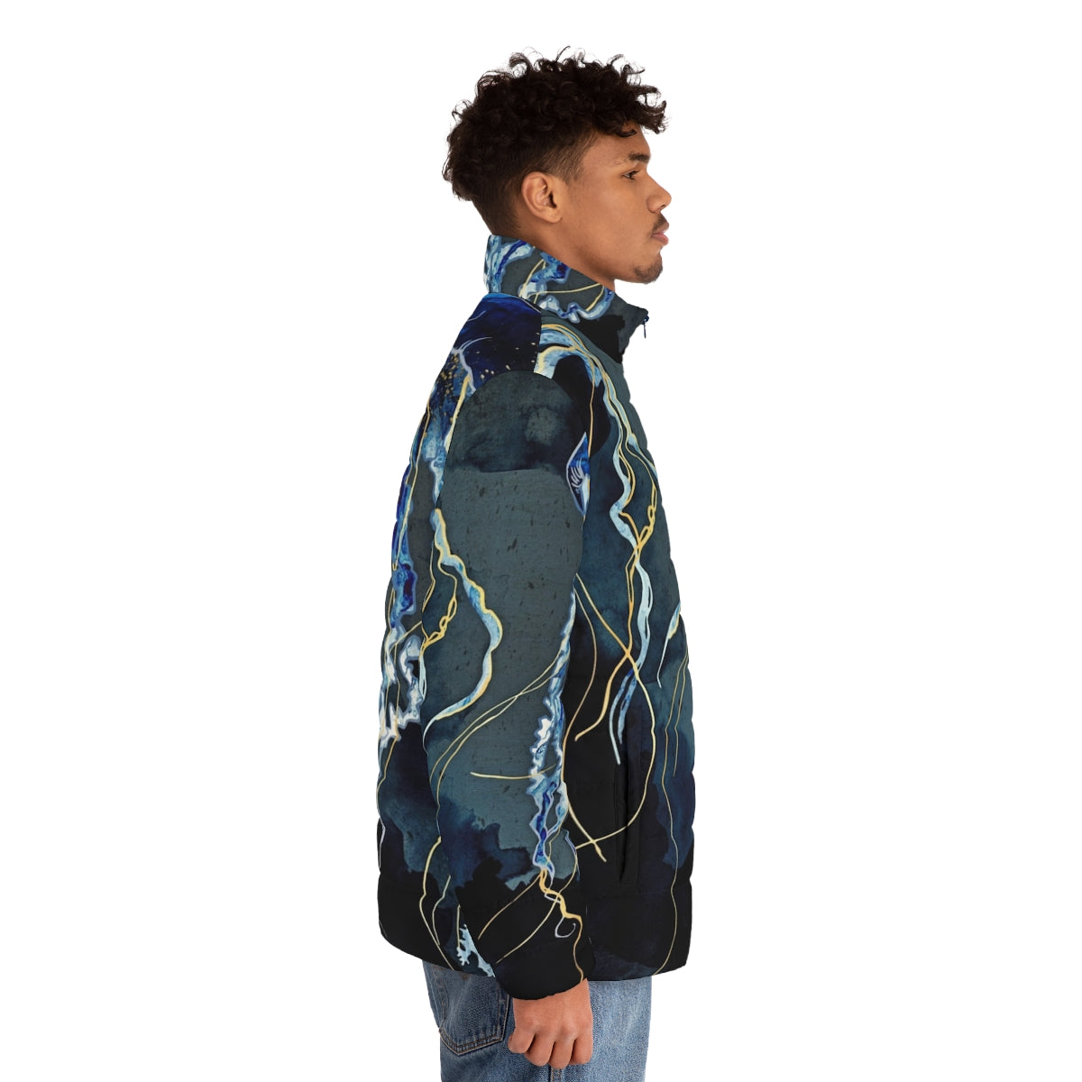 Metallic Ocean III Contemporary Puffer Jacket in blue and gold tones - men side right