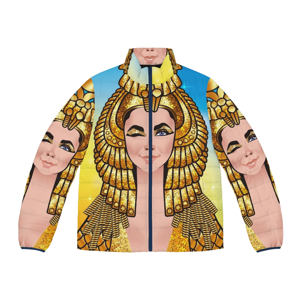 A stylish puffer jacket featuring a Cleopatra-inspired design, perfect for making a statement this winter.