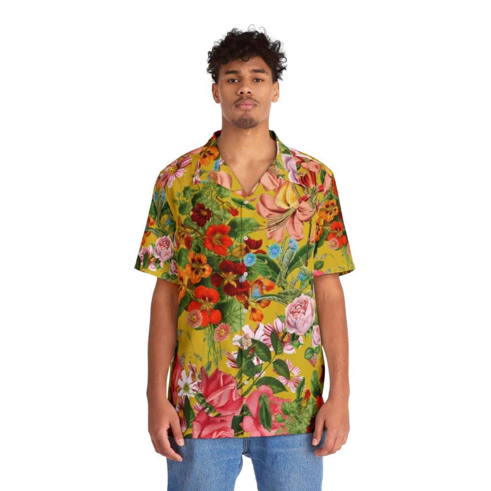 yellow floral vintage hawaiian shirt patterned with peonies - People Front