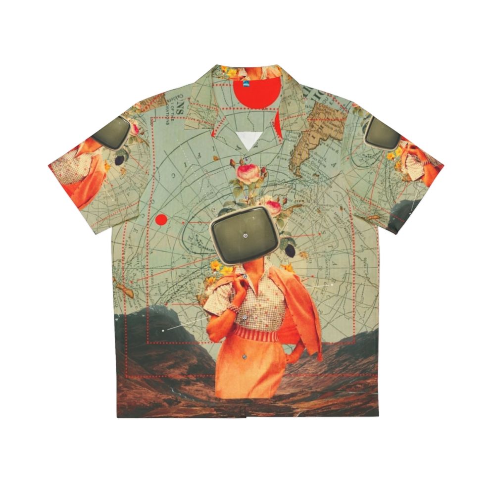 Vintage Hawaiian shirt with a surreal collage design featuring a nature landscape, floral patterns, and retro-inspired graphics.