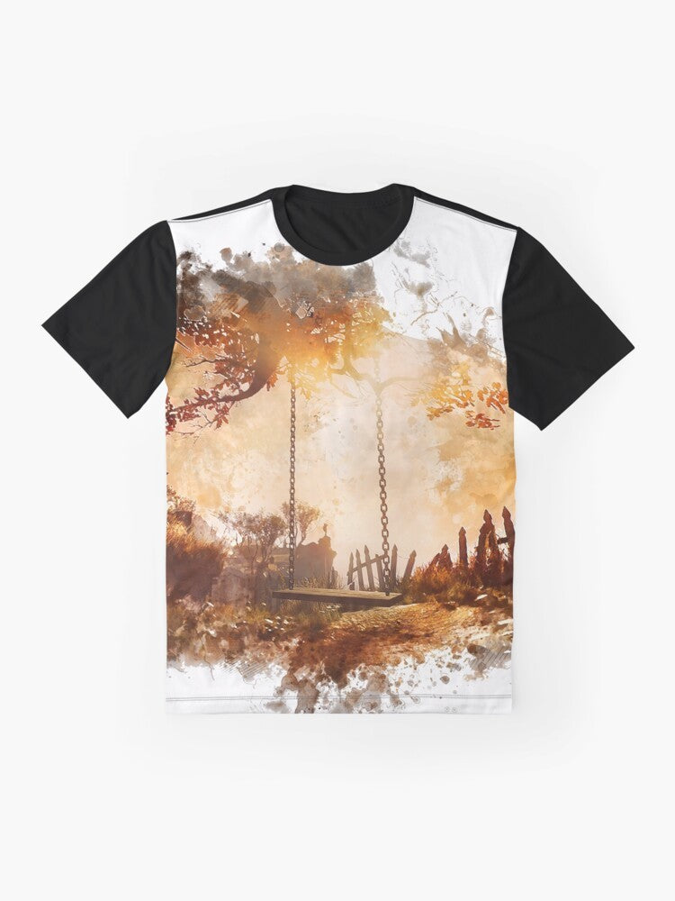 What Remains of Edith Finch graphic t-shirt with video game artwork featuring a swingset, treehouse, and swing - Flat lay