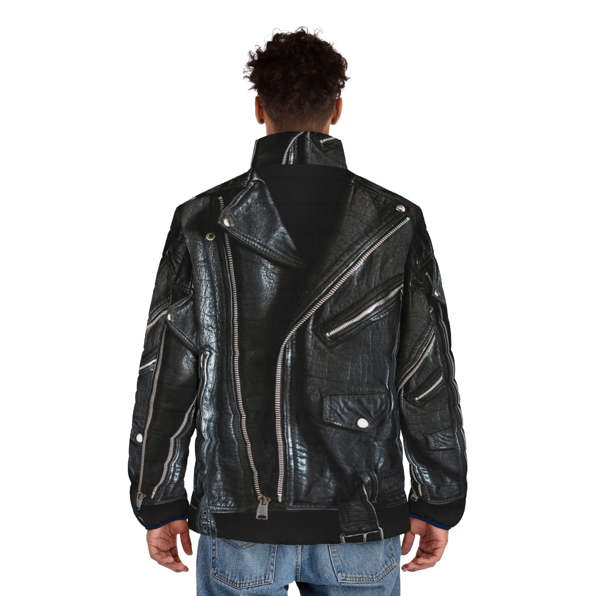 Black leather puffer jacket with biker and motorcycle design - men back