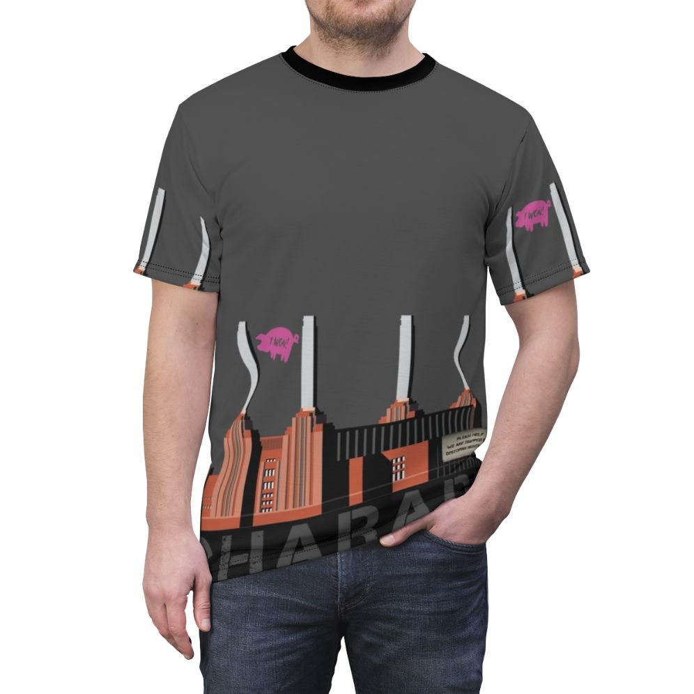 Charade AOP T-Shirt featuring a satirical design inspired by the Pink Floyd album 'Animals' - men front