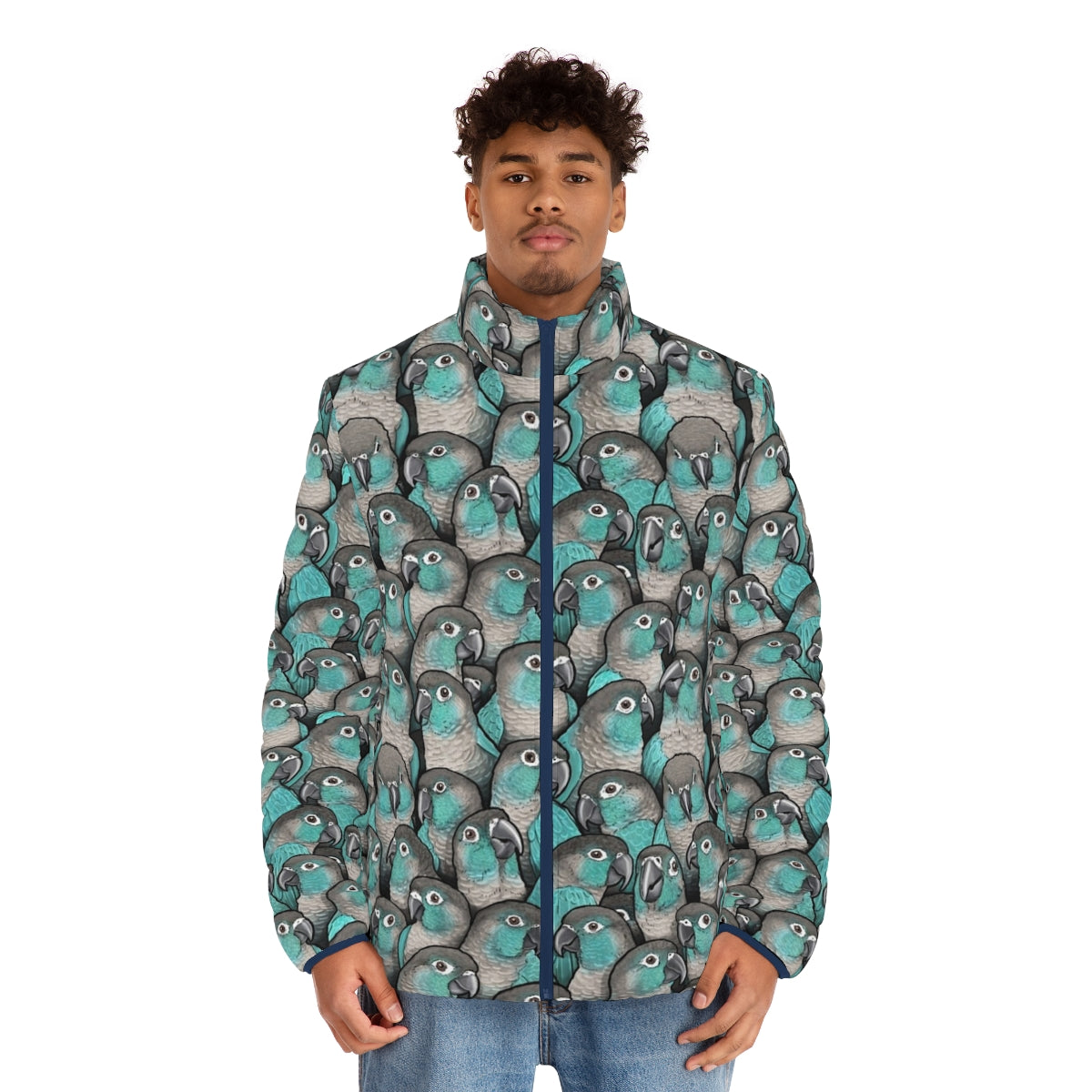 Turquoise green cheeked conure puffer jacket with bird pattern - men front