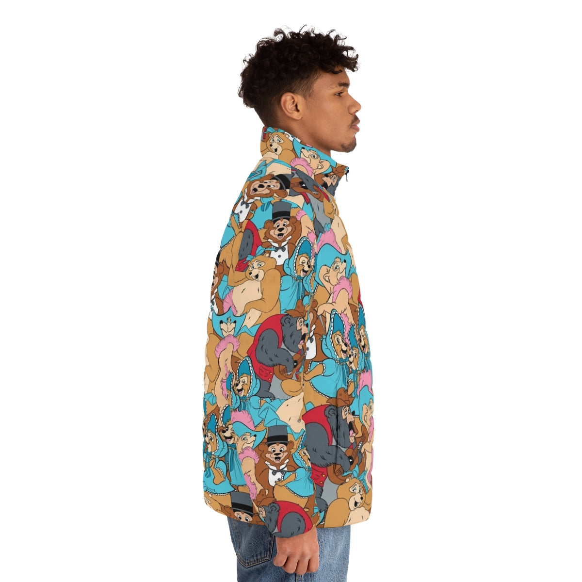 Puffer jacket featuring a charming Country Bear Jamboree pattern with characters like Big Al, Trixie, and Teddi Barra - men side right