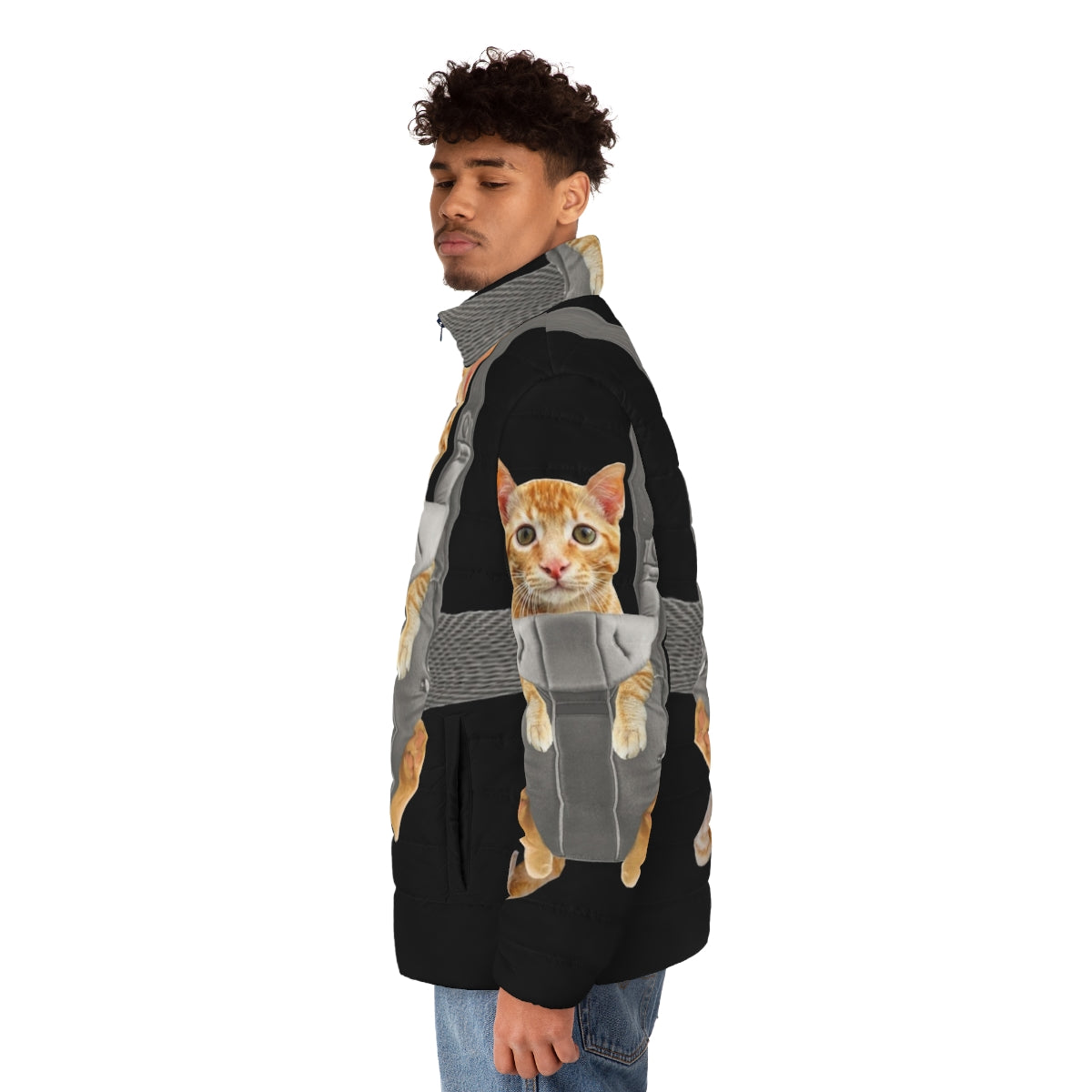 Orange cat in a baby carrier wearing a puffer jacket - men side left