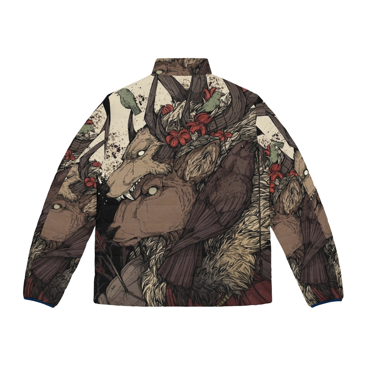 An image of a person wearing a puffer jacket with an elk design. - Back