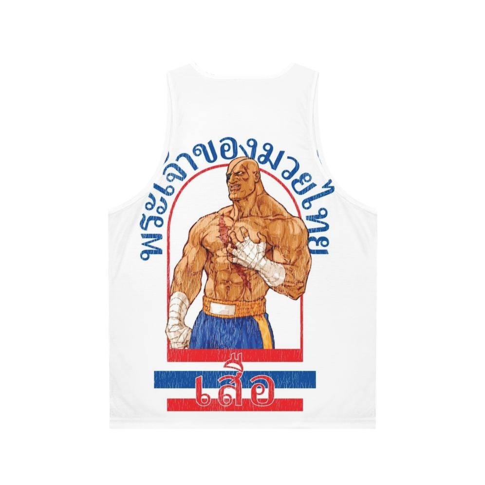 Sagat, the Muay Thai warrior from Street Fighter, on a unisex tank top - Back