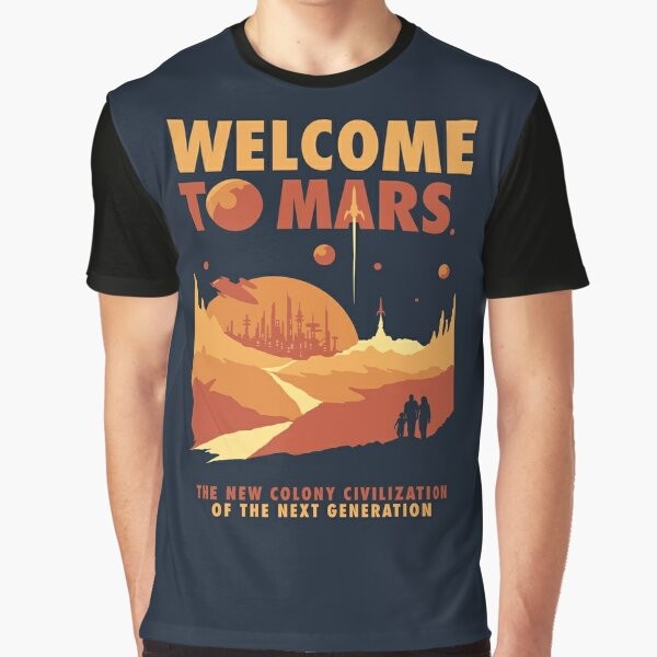 Retro-inspired graphic t-shirt featuring the planet Mars and space imagery