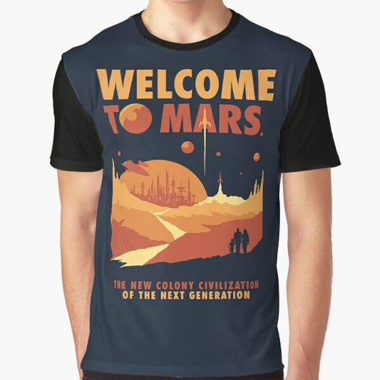 Retro-inspired graphic t-shirt featuring the planet Mars and space imagery