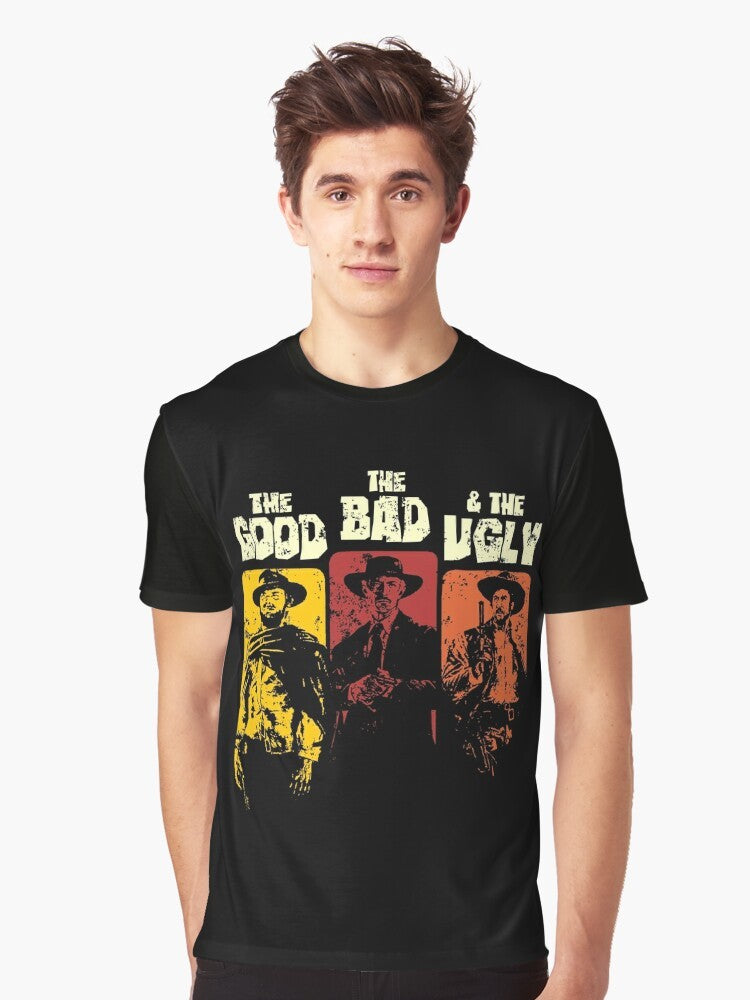 Graphic t-shirt featuring the iconic characters from the classic spaghetti western "The Good, The Bad, and The Ugly" - Men