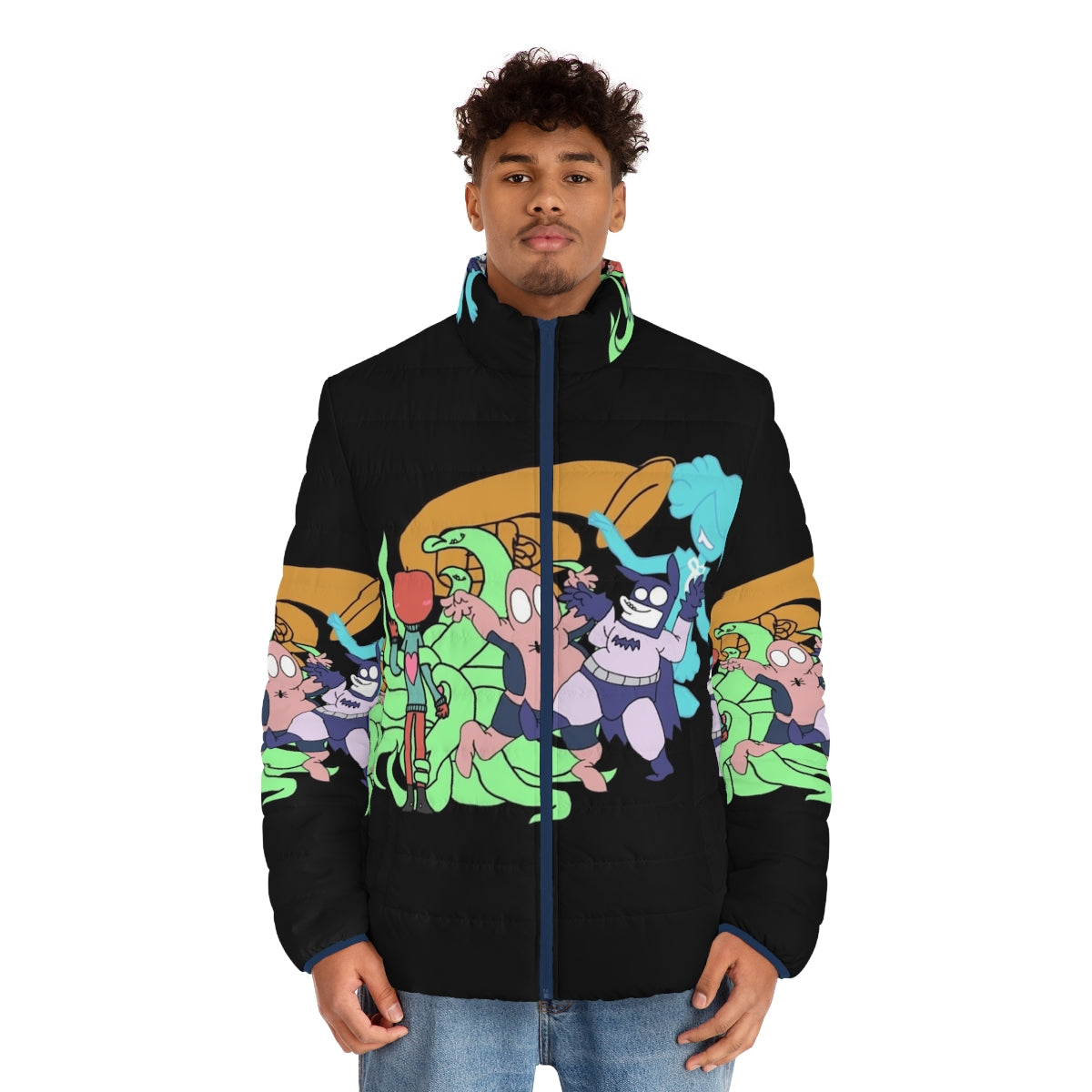 Bambi Disney inspired puffer jacket with floral and feline design - men front