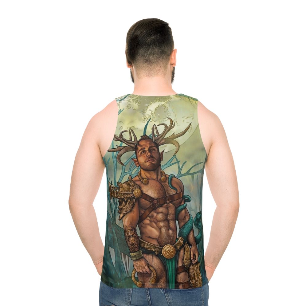 Unisex Cernunnos tank top with pagan mythology inspired satyr design - men back