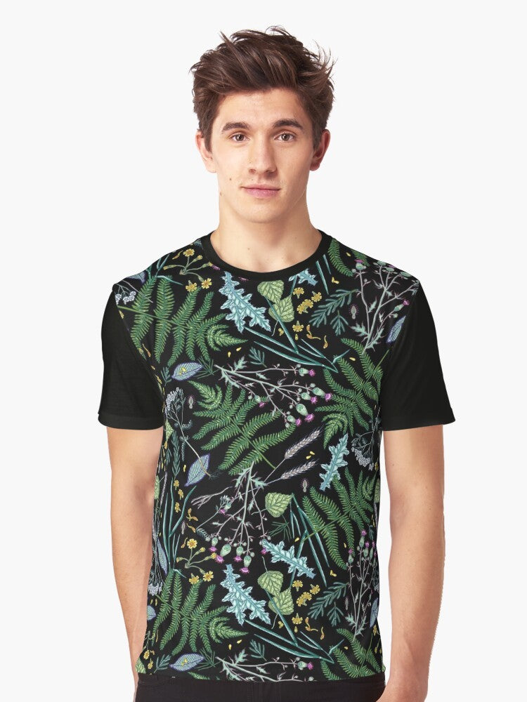 A summer night botanical graphic t-shirt featuring colorful flowers, leaves, and a magical, dreamy design. - Men