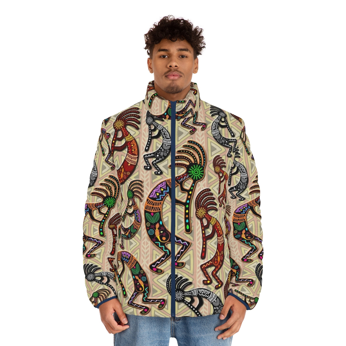 Kokopelli tribal pattern puffer jacket with native american mythological design - men front