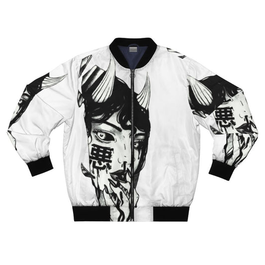 Cyberpunk Japanese vaporwave-inspired bomber jacket with minimalist black and white design