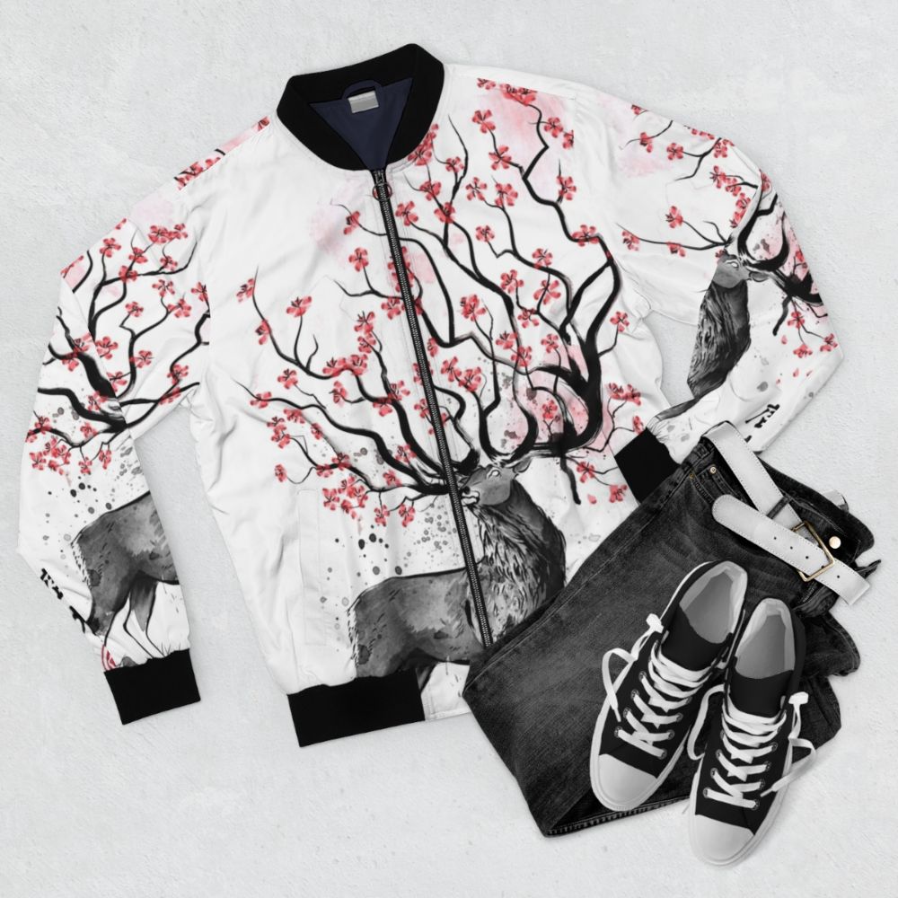 Sakura Deer Bomber Jacket, featuring a nature-inspired watercolor design of a deer amidst sakura blossoms - Flat lay