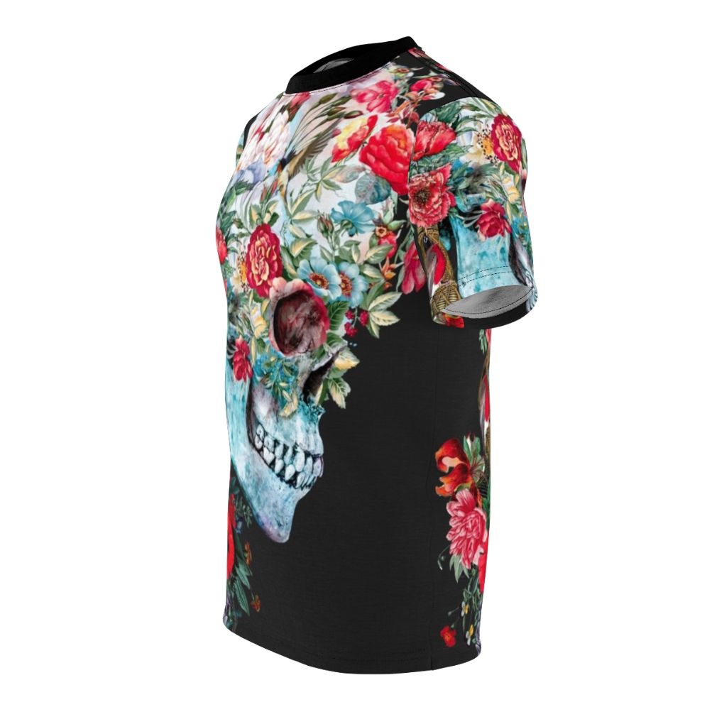 A surreal graphic t-shirt featuring a collage of gothic imagery including a skull, flowers, and other natural elements. - men left