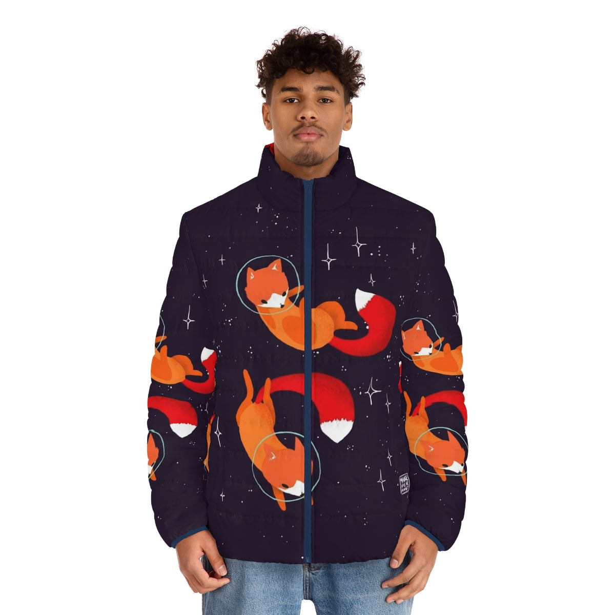 Puffer jacket featuring a digital illustration of cute space foxes in a starry galaxy - men front