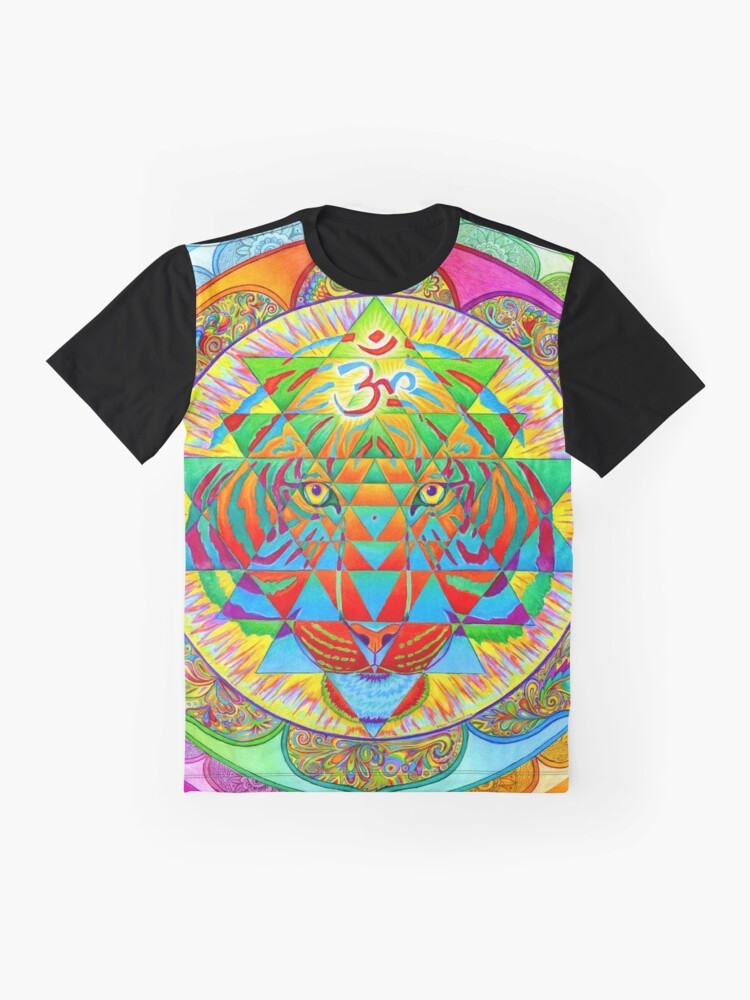 Psychedelic tiger surrounded by a colorful Sri Yantra mandala design on a graphic t-shirt. - Flat lay