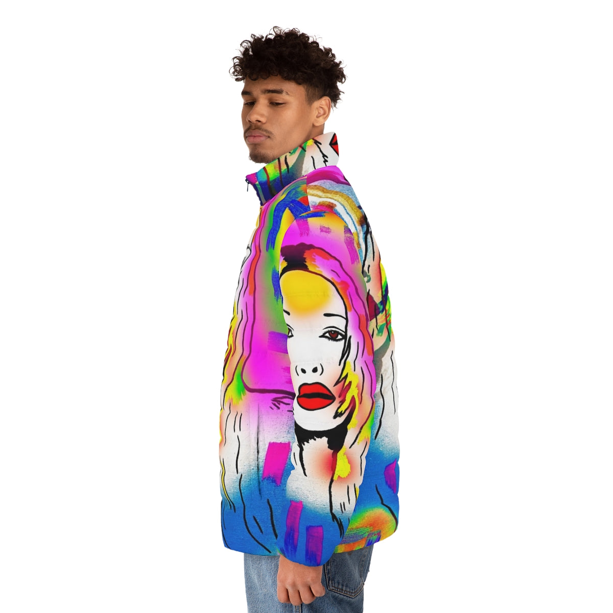 Vintage 80s style puffer jacket featuring the iconic Pete Burns - men side left