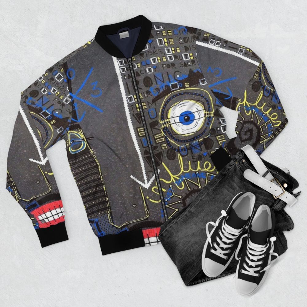 Influence Basquiat Style Bomber Jacket with abstract word art design and face with mustache - Flat lay