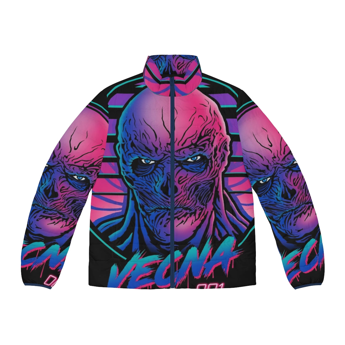 Retro Vecna Puffer Jacket with 80s-inspired design featuring Stranger Things-inspired elements