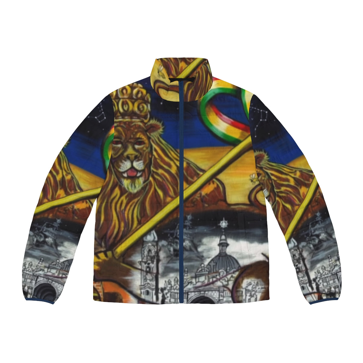 Midnite Zion Puffer Jacket featuring a Lion of Judah polygon design