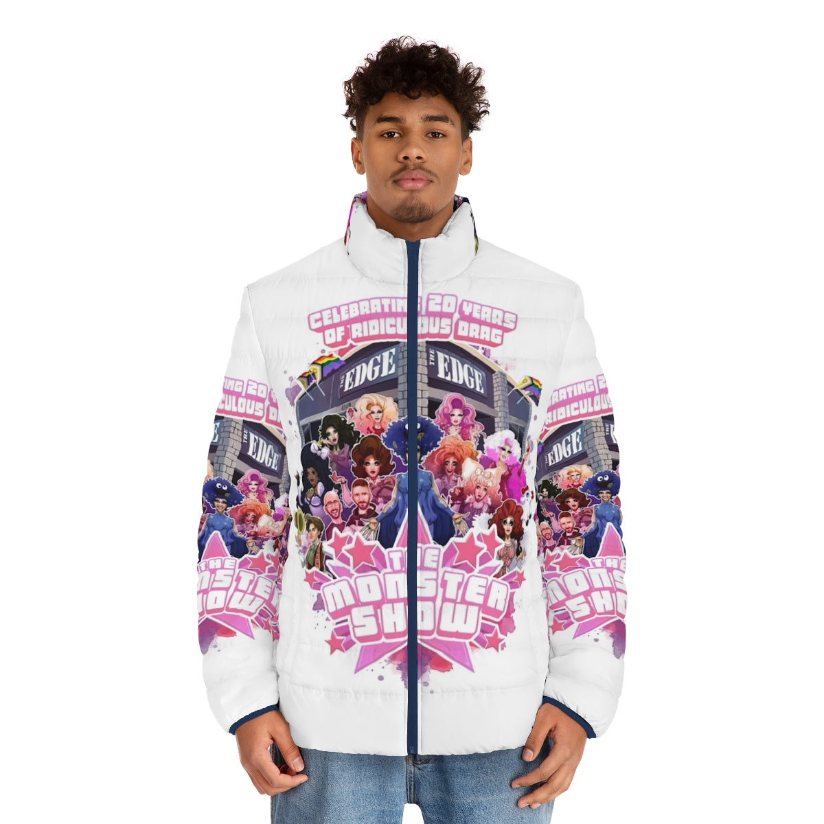 20th Anniversary Puffer Jacket featuring LGBT and drag show themes - men front