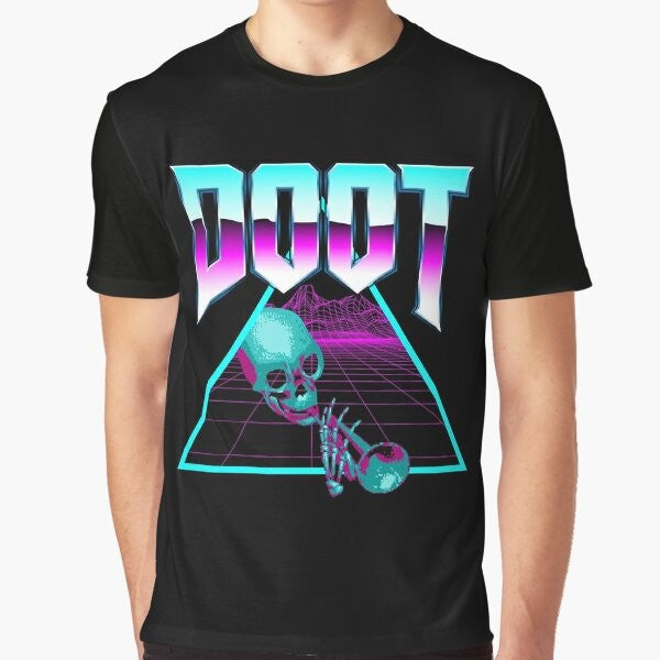 Outrun vaporwave and synthwave graphic t-shirt with retro 80s/90s aesthetic, palm trees, and meme-inspired "doot" design