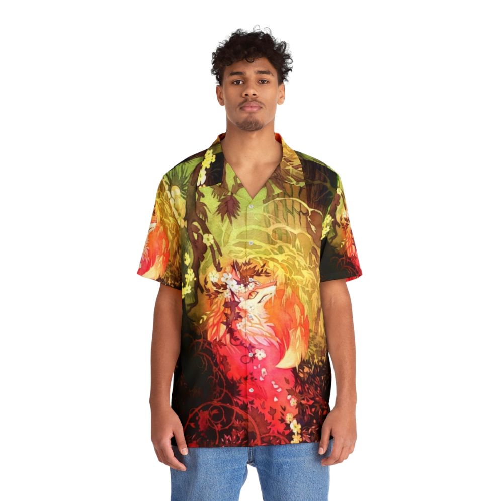 Watercolor illustration of a fox in a Hawaiian-style floral shirt - People Front