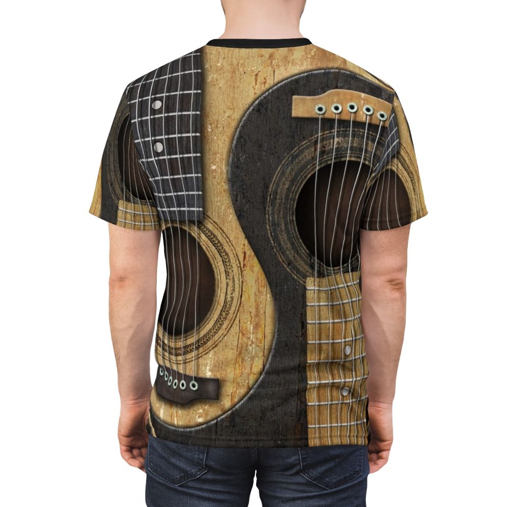 Vintage acoustic guitar with yin yang symbol on black t-shirt - men back