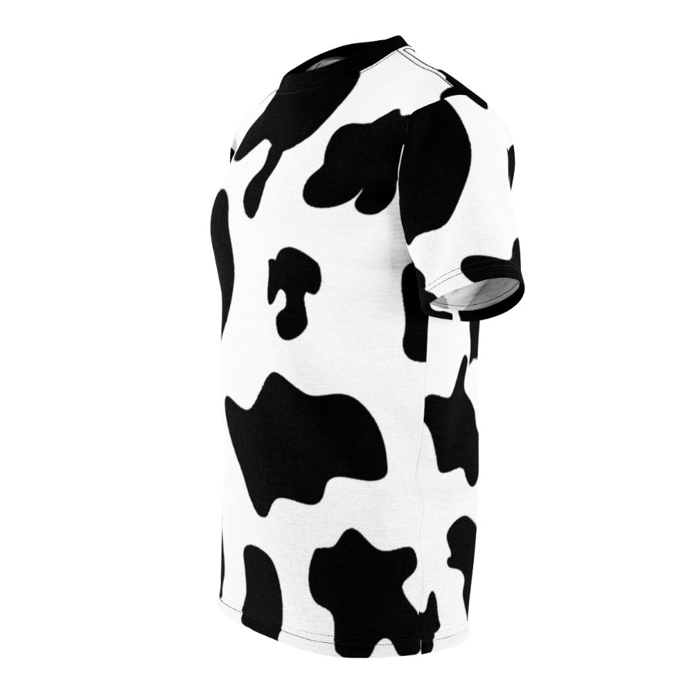 Closeup of a cow pattern animal print t-shirt with a vibrant design - men left