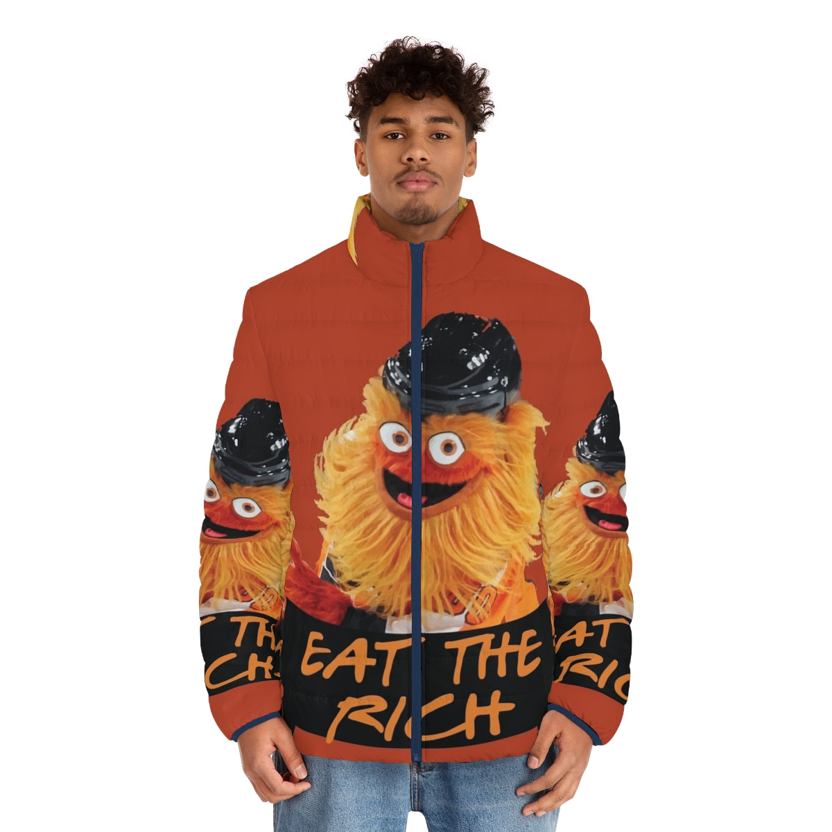 Gritty "Eat The Rich" puffer jacket featuring the Philadelphia Flyers mascot in a humorous, creepy, and unique design - men front