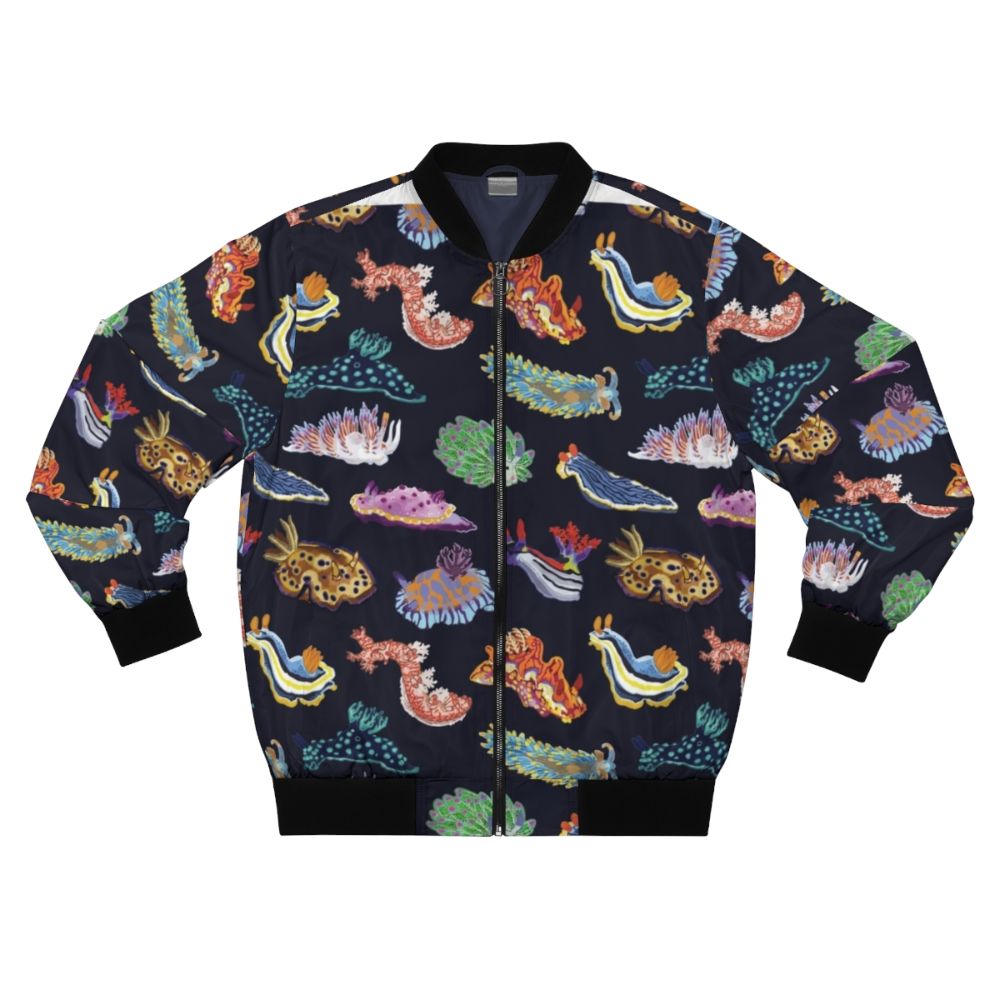 Colorful nudibranch sea slug printed on a bomber jacket, great for marine biology enthusiasts.