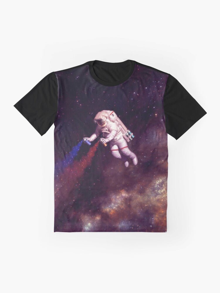 Astronaut wearing a colorful galaxy and spray paint graphic t-shirt design - Flat lay